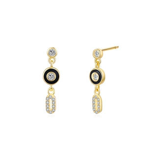 S925 silver geometric drop earrings with black enamel and zircons in 14K gold plating