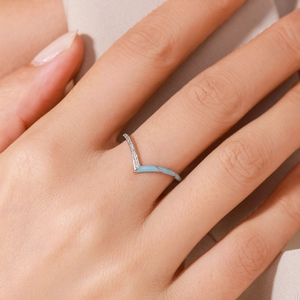 Bague en V en argent sterling S925 avec émail bleu et cristaux pavés pour femme