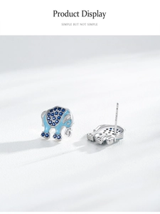 Close-up of S925 silver elephant stud earrings with blue enamel and zircon inlay