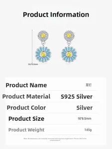Detail of S925 silver sunflower stud earrings with blue enamel and yellow gemstones