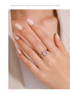 Close-up of S925 silver ring with rectangular pink crystal and purple enamel details