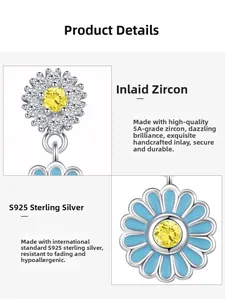 Detail of S925 sterling silver sunflower stud earring with blue enamel and 5A yellow zircon