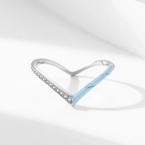 Bague en V en argent S925 avec émail bleu et pierres de zircone cubique étincelantes