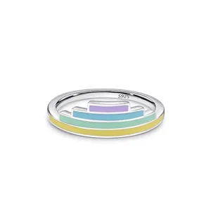 S925 Sterling Silver Rainbow Enamel Ring For Women Minimalist Geometric Multicolored Stackable Fashion Jewelry Finger Ring