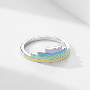 S925 sterling silver ring with colorful tiered enamel inlay in purple, blue, and green