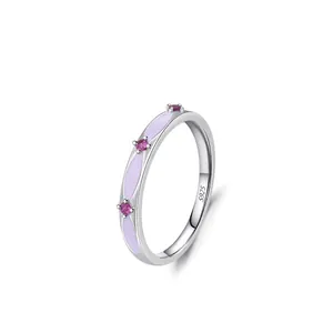 925 Sterling Silver Geometric Enamel Ring For Women Pink Zirconia Micro Inlaid Minimalist Stackable Fashion Jewelry Finger Ring