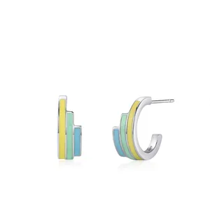 925 Sterling Silver Rainbow Enamel U-Shaped Stud Earrings Multicolor Geometric Drip Glue Earring For Women Fashion Jewelry