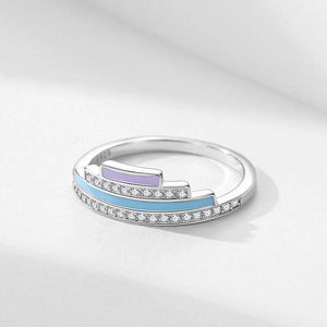 S925 sterling silver ring with blue purple enamel and sparkling zircon accents