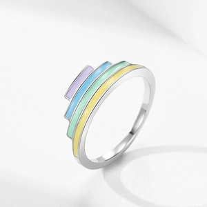 S925 silver ring featuring four-tier rainbow enamel layers in pastel purple and blue