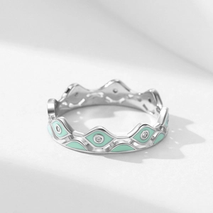 Bague en argent S925 avec émail vert menthe œil du démon et cristaux micro-pavé