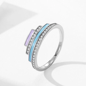 S925 sterling silver ring with blue and purple enamel and zircon accents in a tiered design