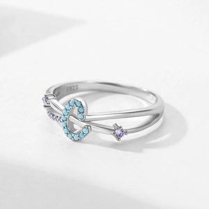 S925 sterling silver open ring with turquoise inlay and purple zircon accents