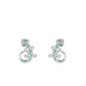 925 Sterling Silver Cute Gecko Lizard Rainbow Zirconia Stud Earrings Creative Enamel Animal Earrings Fashion Jewelry For Women