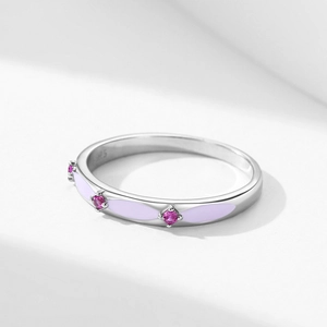 S925 sterling silver geometric ring with pink zircons and purple enamel accents