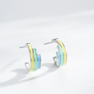 S925 sterling silver U-shaped earrings with colorful rainbow enamel inlay for women