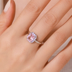 Luxury S925 silver ring featuring a pink rectangular gemstone with lilac enamel edges