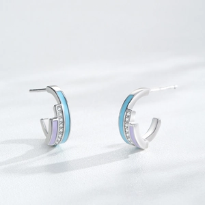 S925 sterling silver rainbow enamel U-shaped stud earrings with micro-inlaid zircon stones