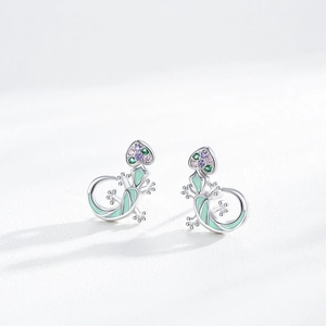 Cute S925 silver lizard stud earrings with colorful enamel and heart-shaped crystals