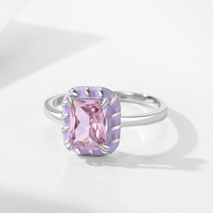 Luxury S925 silver ring with rectangular pink zircon and purple enamel accents