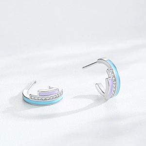 Elegant S925 sterling silver rainbow enamel U-shaped earrings with sparkling cubic zirconia