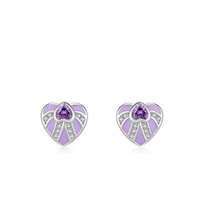 Boucles d'Oreilles Clous Cœur en Argent Sterling 925 avec Émail Violet pour Femmes Micro-Pavé Strass Bijoux Élégants Cadeau