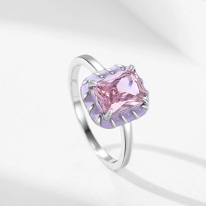 Luxurious S925 silver ring featuring a pink rectangular gemstone with purple enamel border