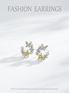 Gros plan de boucles d'oreilles en argent S925 avec motifs papillon et fleurs et zircons jaunes