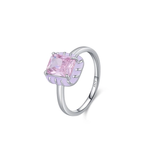 Luxury S925 sterling silver ring with rectangular pink zircon and purple enamel