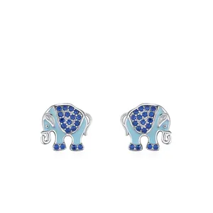 925 Sterling Silver Elephant Stud Earrings For Women Cute Animal Blue Enamel Inlaid Cubic Zirconia Hypoallergenic Jewelry Gift