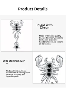 Détails des boucles d'oreilles scorpion en argent S925 avec zircons noirs en vue 4-grille