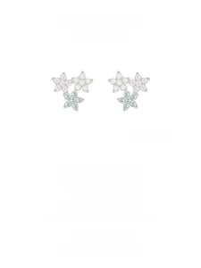 Détail de boucles d'oreilles fleurs en argent S925 avec zircons roses, verts et blancs