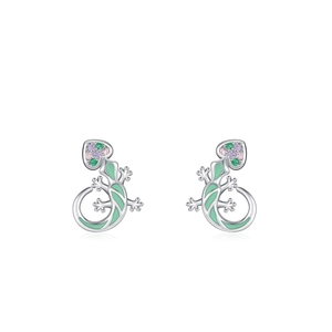 S925 silver lizard stud earrings with rainbow zircon and green enamel accents