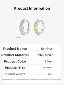 Détail des boucles d'oreilles en argent S925 avec zircon jaune et dimensions 14,7x3,8 mm