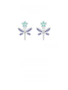 Detail of S925 silver dragonfly earrings with blue zircon wings and floral design
