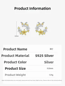 Détail des boucles d'oreilles papillon en argent S925 avec mesures de taille et poids