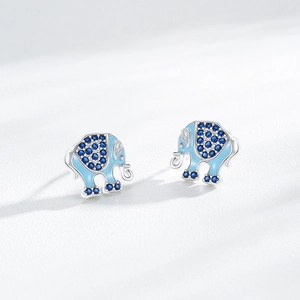 S925 silver elephant stud earrings with blue enamel and micro-set cubic zirconia