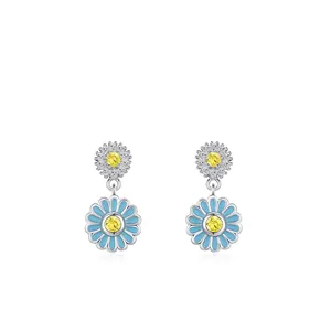 925 Sterling Silver Daisy Stud Earrings Blue Enamel Yellow Zirconia Flower Elegant Sunflower Earrings For Women