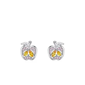 Boucles d'Oreilles Clous en Argent Sterling 925 Pomme Zirconia Jaune Rose Design Doux Bijoux Mode Femme