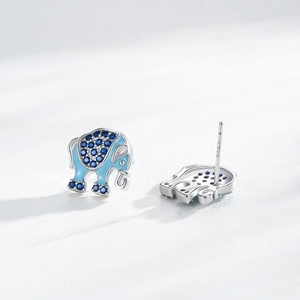 S925 sterling silver elephant stud earrings with blue enamel and micro-pave zircons