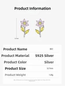 Detail of S925 silver flower stud earrings with colorful zircons and size measurements