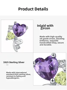 Macro detail of S925 sterling silver heart earrings with sparkling 5A cubic zirconia stones