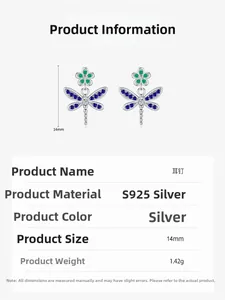 Detail showing S925 silver dragonfly stud earrings with product dimensions and parameters