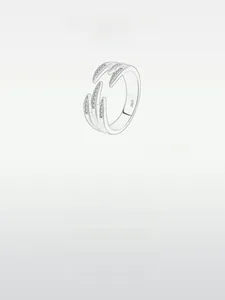 Macro view of S925 sterling silver feather ring with micro-pave white zircon stones
