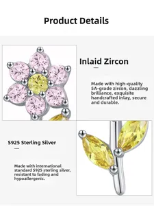 Detailed macro view of S925 sterling silver flower earring with pink and yellow zircons
