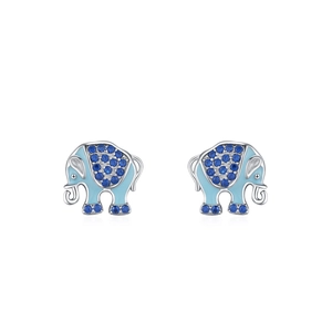 S925 sterling silver elephant stud earrings with blue enamel and micro-paved zircons