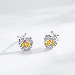 Boucles d'oreilles pomme en argent S925 avec zircon jaune et cristaux roses