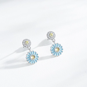 Elegant S925 silver sunflower earrings with blue enamel and yellow zircon stones