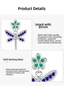 Detail view of S925 silver dragonfly earring with micro-set blue and green 5A zircons