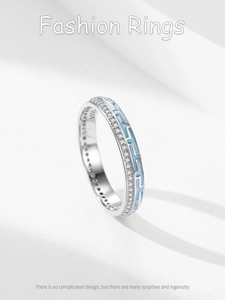 Macro shot of 925 silver ring featuring blue enamel Greek meander and pave zircon details