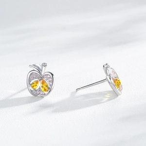 Boucles d'oreilles pomme en argent S925 avec cristaux roses et pierres jaunes